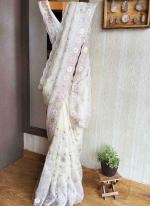 Jimmy Choo Silk White Party Wear Embroidery Work Saree